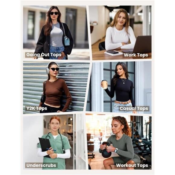 3/5 Pack Womens Long Sleeve Shirts Crew Neck Basic Tees Tight Fitted - Picture 4 of 7